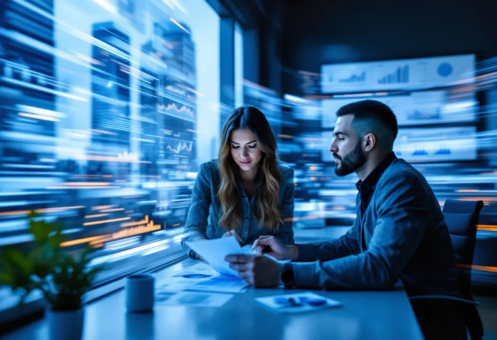 young professional business people sitting in a room with charts on the wall that look like they are flying by