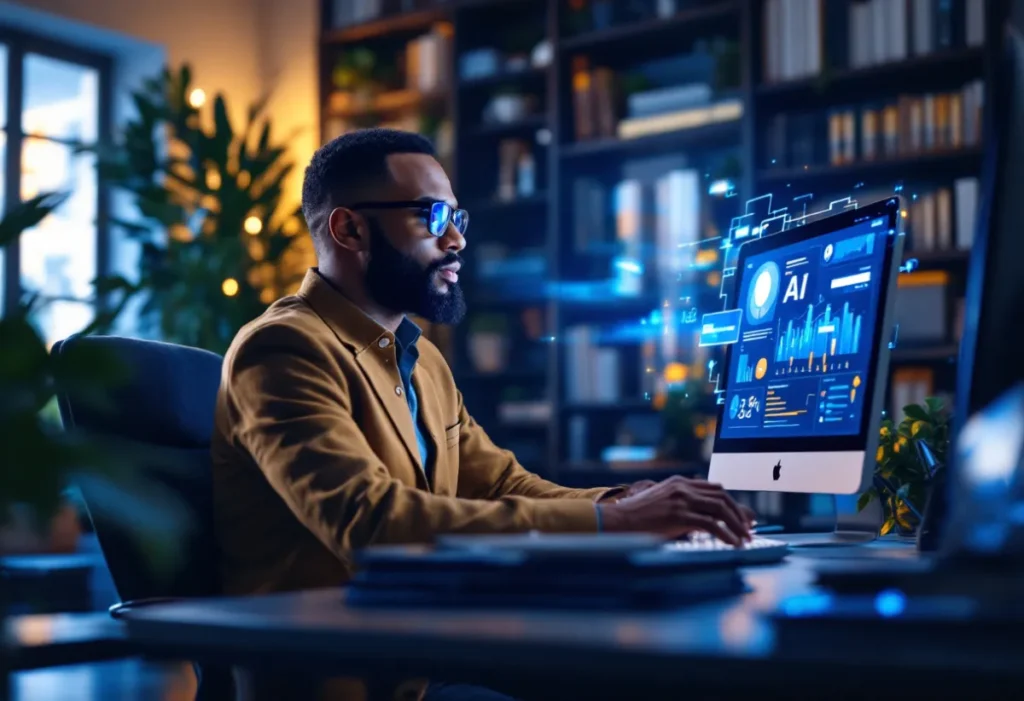 graphic of a business man sitting at his desk with ai graphics coming out of his computer screen