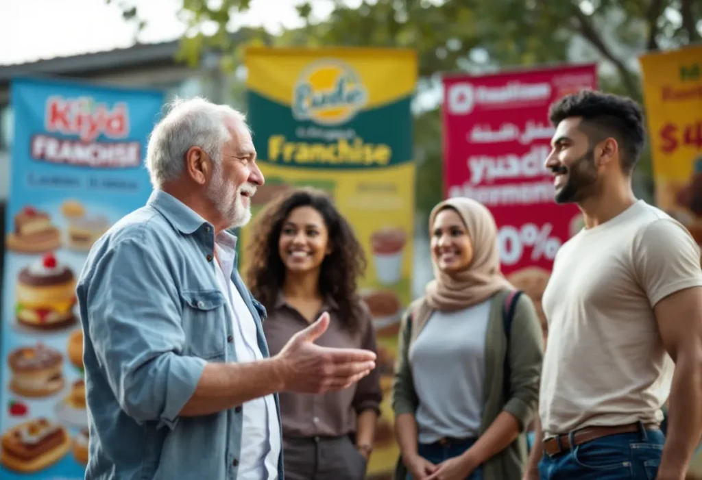 franchise owners talking to one another at a marketing conference outside