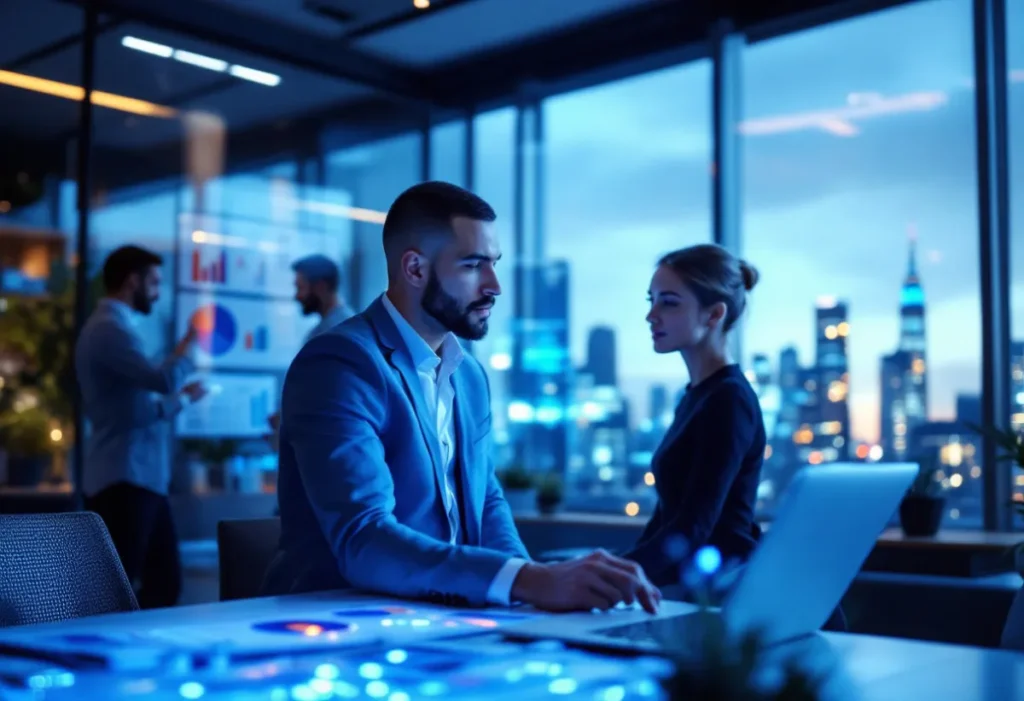 main in a suit sitting in a dark room that is blue looking at his computer at analytics from email marketing campaign