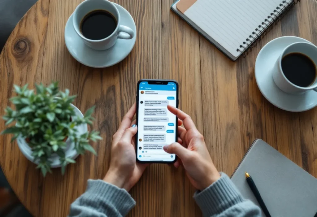 a person sitting at a table with coffee cups and plants around them looking at a targeted sms message