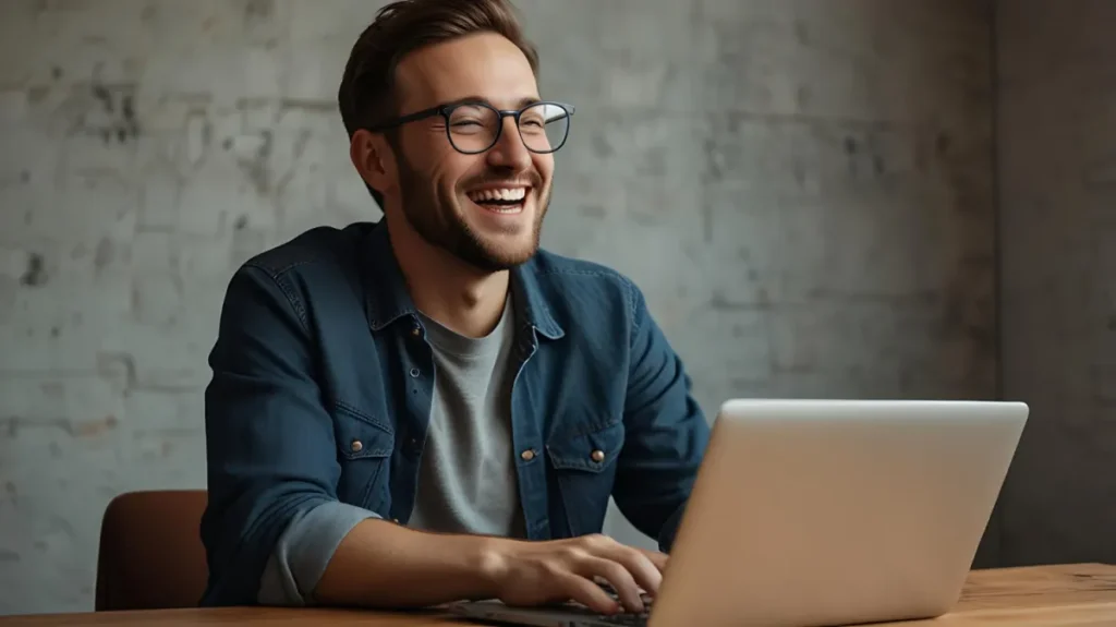 man sitting at computer smiling