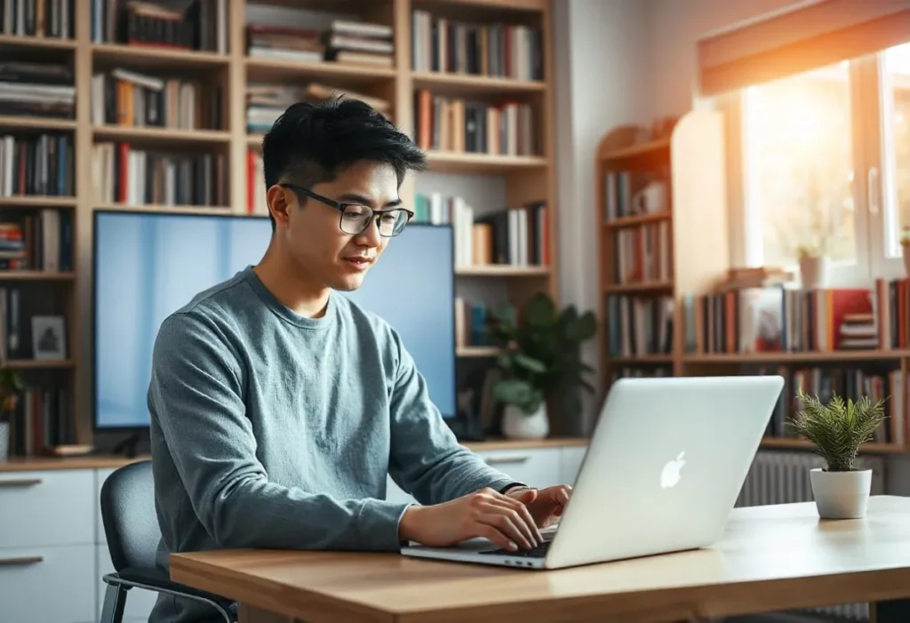 person sitting at a computer producing email content with ai