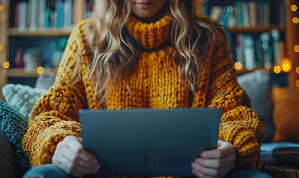 a girl sitting on a couch reading an engaging email created with the help of chat gpt