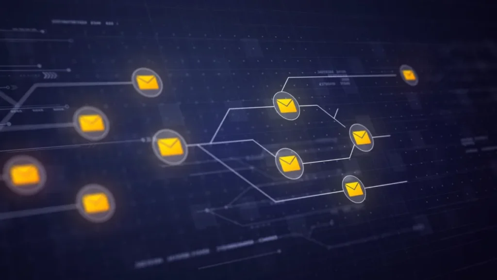 Futuristic grid of emails together, showcasing that email can be automated as it goes down several different routes, depending on what the person did or what action the person took