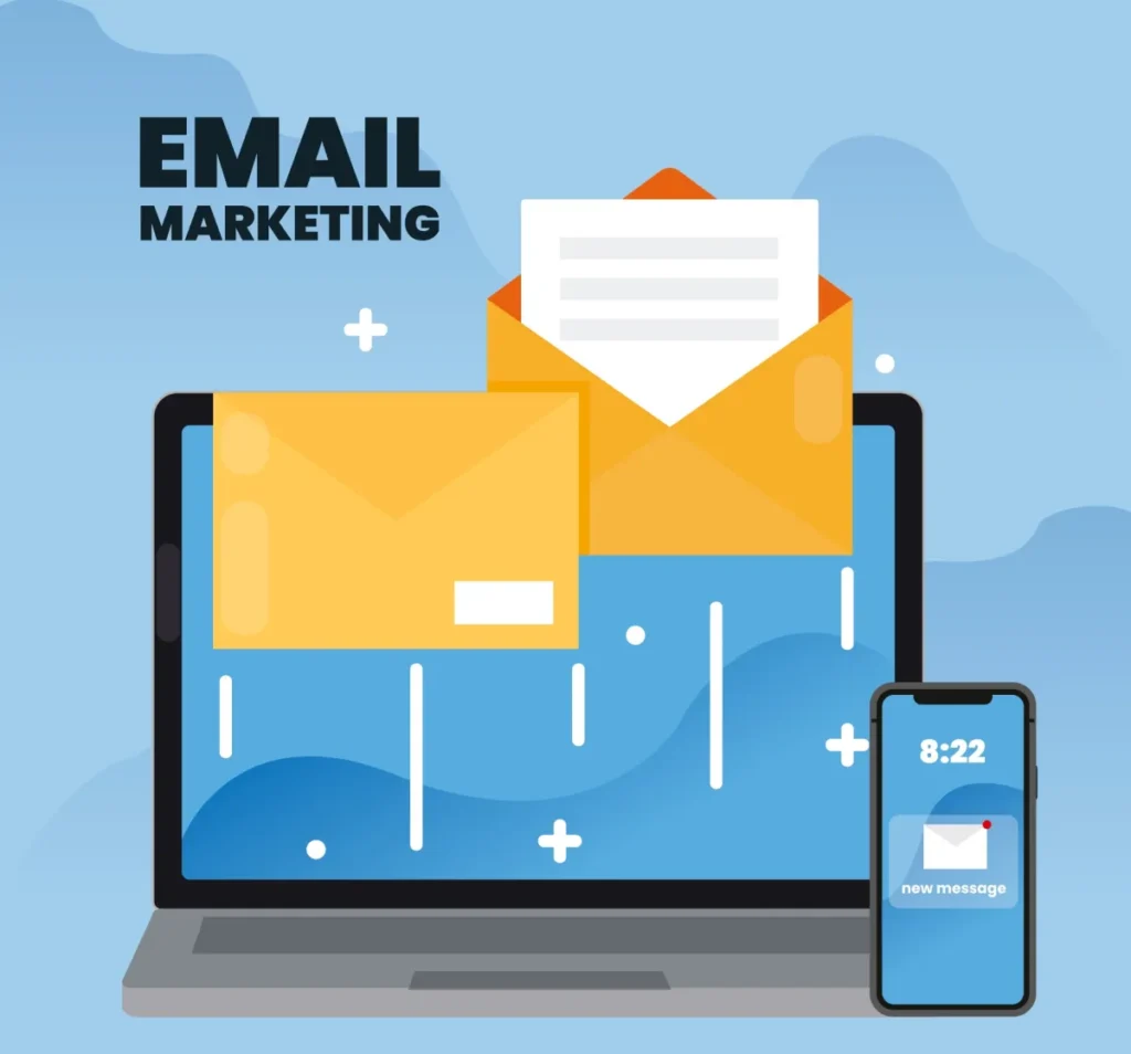 graphic that is blue with phone, desktop, and email for optimizing an email marketing campaign