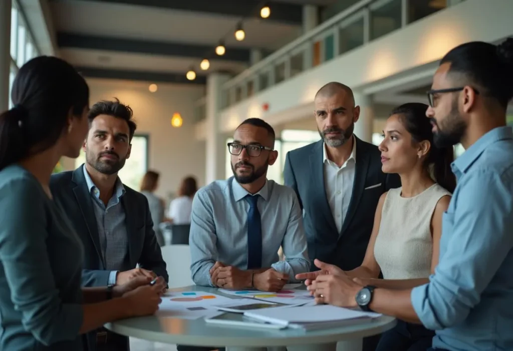 Professional standing around at a table with papers on the table and they are talking about their email marketing strategy