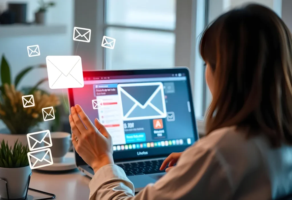 Email marketer sitting at desk in front of computer with email envelope graphics floating around