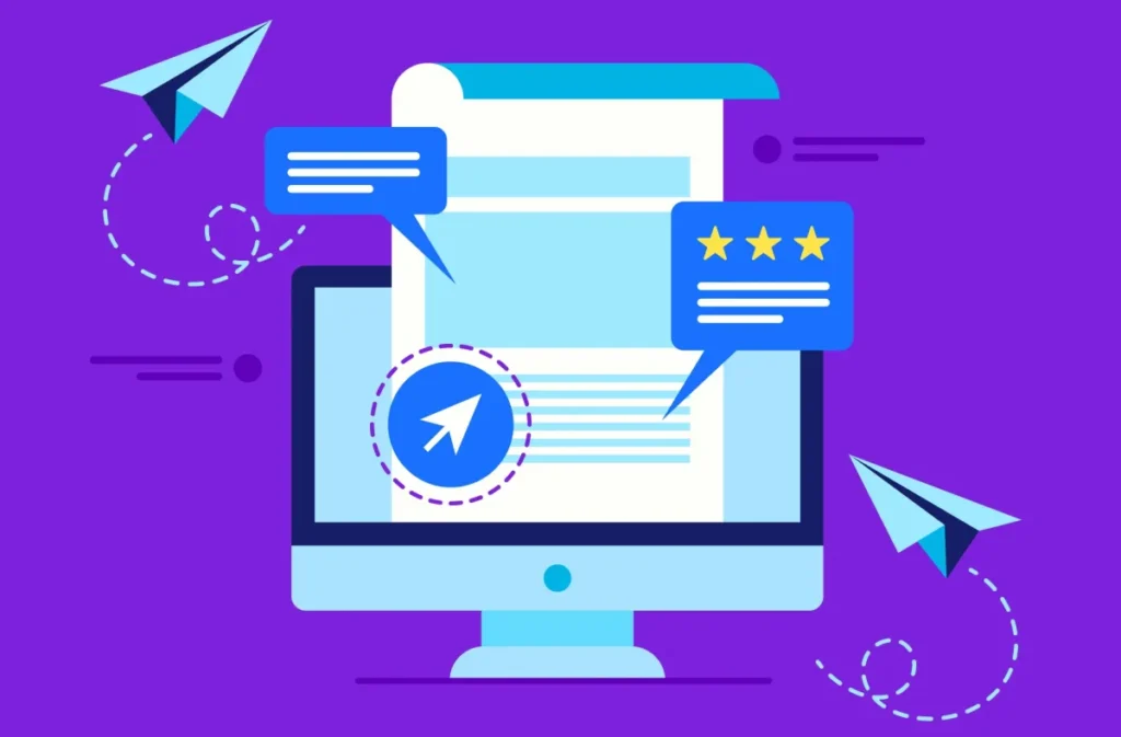 Graphic showcasing, blue purple as well as paper airplanes flying around and star reviews for email marketing automations